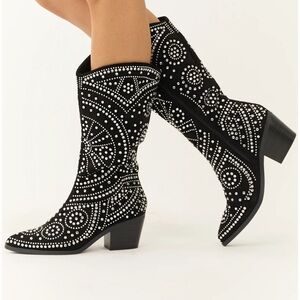 Black Rhinestone Studded Western Boots Matisse